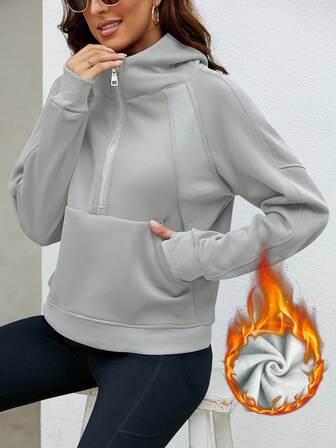 ハーフジップ フロントパーカー、ルーズフィット ショート丈 サーマルライニング、秋冬用ウォーム