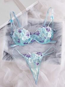 Damen Sommer Farbblock Blumenstickerei atmungsaktiver sexy Lingerie-Set, Rave