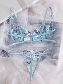 Damen Sommer Farbblock Blumenstickerei atmungsaktiver sexy Lingerie-Set, Rave