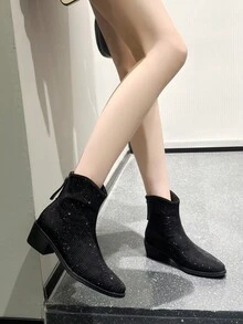 2024 新款女靴，高跟鞋，时尚水钻百搭细踝靴，尖头粗跟，带毛绒衬里，秋冬 - 黑色 - 查看 5