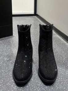 2024 新款女靴，高跟鞋，时尚水钻百搭细踝靴，尖头粗跟，带毛绒衬里，秋冬 - 黑色 - 查看 6