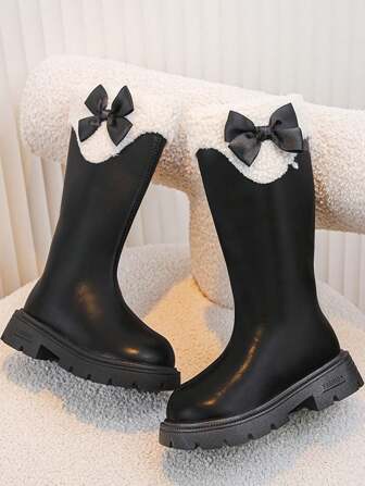 1 双新款女童冬季毛绒保暖靴，带大蝴蝶结，舒适百搭公主风格儿童靴