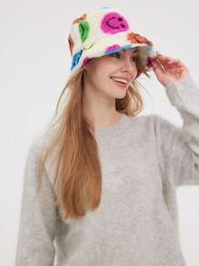1PC Women Smiling Face Pattern Fluffy Hat Warm Bucket Hat For Daily Life, Dating Campus And Trips Teacher Mom Gifts - Multicolor - View 5