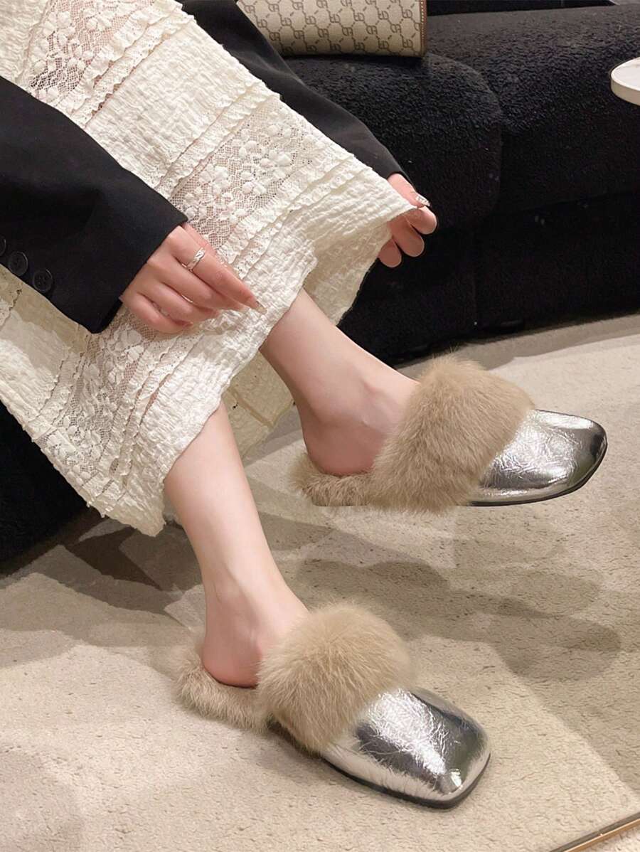 女士休闲一脚蹬穆勒拖鞋，新款圆头毛绒一脚蹬拖鞋，时尚户外服装，秋冬 - 銀色 - 查看 1