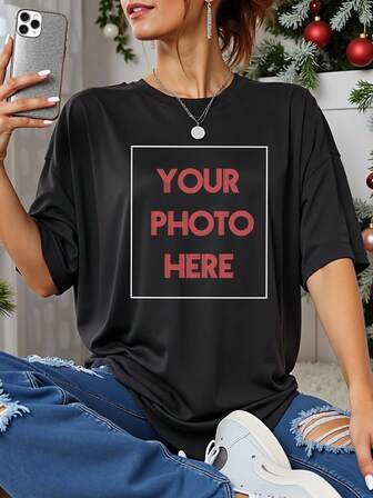 Customized Photo Print Casual Loose Round Neck Short Sleeve T-Shirt, Personalized Photo Of Friends/Family/Pets Printed On Women's Black Top, Christmas/Valentine's/Birthday/Anniversary Gift Ornamental,Dawg Stylish,Fashion,Hipster,Contracted,Easy Costume,Minimal Chic,Casual Unique,Custom Treasurefinds,Belle Costume Ideal Gifts For Her Family,Friends,Children,Pink Girls For Mother's Day,For Children's Day,For Vacation,Christmas Party Guideline