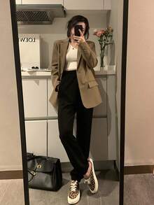 Women Casual Loose Jacket, Spring Autumn - Khaki - View 6