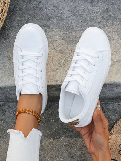 Fall/Winter Women Plus Size White Sport Shoes, Gold Versatile Student Sport Shoes, Flat Fashion Sneakers, Lace-Up Casual Trainers