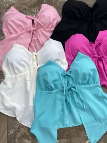 Women's Duna Fabric Dress With Tie Details, Adjustable Straps And Elastic At The Back - trắng - Xem 2