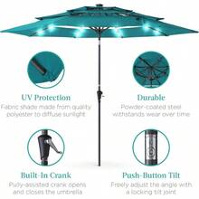 10ft 3-Tier Solar Patio Umbrella, Outdoor Market Sun Shade For Backyard, Deck, Poolside W/ 24 LED Lights, Tilt Adjustment, Easy Crank, 8 Ribs - 天藍色 - 查看 5