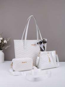 3 件套：双层波浪绗缝单肩手提包，配套迷你方形单肩包和带猫吊坠的水桶包，适合女孩和女士在多种场合穿着