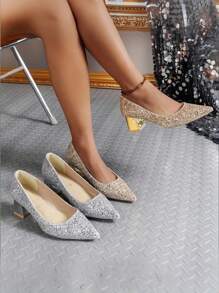 Fashion Women's Thick Heel Pointed Toe High Heels, Glitter Shiny Wedding Shoes, Waterproof Platform Dance Shoes, Comfort High Heel Pumps For Evening Party & Wedding