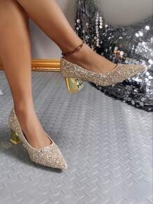 Fashion Women's Thick Heel Pointed Toe High Heels, Glitter Shiny Wedding Shoes, Waterproof Platform Dance Shoes, Comfort High Heel Pumps For Evening Party & Wedding