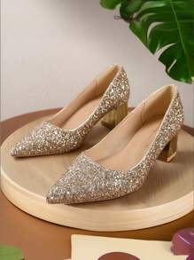 Fashion Women's Thick Heel Pointed Toe High Heels, Glitter Shiny Wedding Shoes, Waterproof Platform Dance Shoes, Comfort High Heel Pumps For Evening Party & Wedding