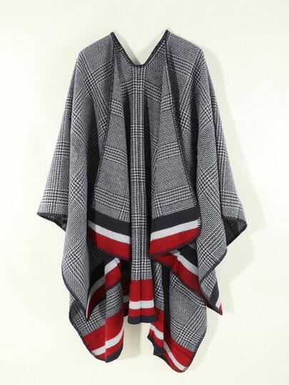 1pc Women's Casual Houndstooth & Striped Pattern Thick Windproof Shawl, Suitable For Shopping, Daily Outings, Parties, Traveling