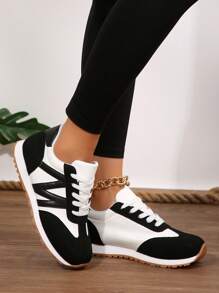 Plus Size Women Comfy Round Toe Faux Leather Colorblock Lace-Up Sneakers, Suitable For Spring And Autumn