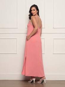 Long Dress With Pocket And Side Slit In Elegant Dune Fabric - Rusty Rose - View 3