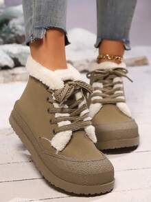 新款保暖内衬女士冬季雪地靴，时尚系带贝壳头短踝靴，秋冬鞋 - 卡其色 - 查看 1