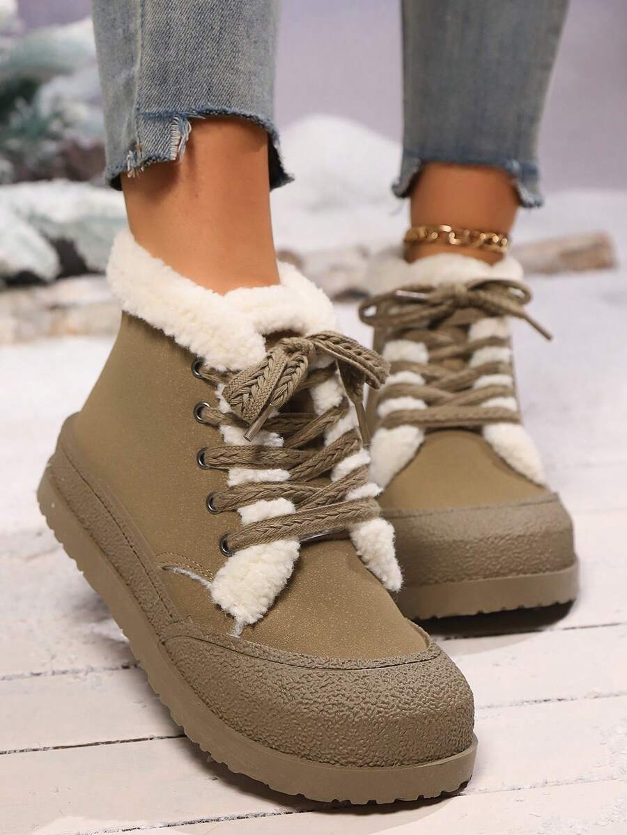 新款保暖内衬女士冬季雪地靴，时尚系带贝壳头短踝靴，秋冬鞋 - 卡其色 - 查看 1