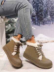 新款保暖内衬女士冬季雪地靴，时尚系带贝壳头短踝靴，秋冬鞋 - 卡其色 - 查看 5