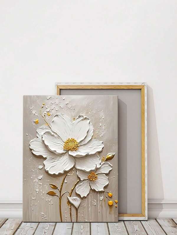 قطعة من اللوحة الزيتية الرائعة بالزهور البيضاء - لوحة جدارية ثلاثية الأبعاد بإطار خشبي ، مثالية لديكور غرف المعيشة والنوم والمكاتب والفنادق والمطاعم ، ديكور المنزل وهدايا للأصدقاء