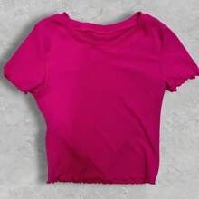 Solid Ruched Ribbed T-Shirt - Hot Pink - View 2