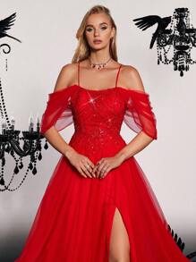 VIPGIRL 挖肩高衩網紗舞會洋裝 - 紅色 - 查看 2