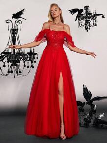 VIPGIRL 挖肩高衩網紗舞會洋裝 - 紅色 - 查看 4