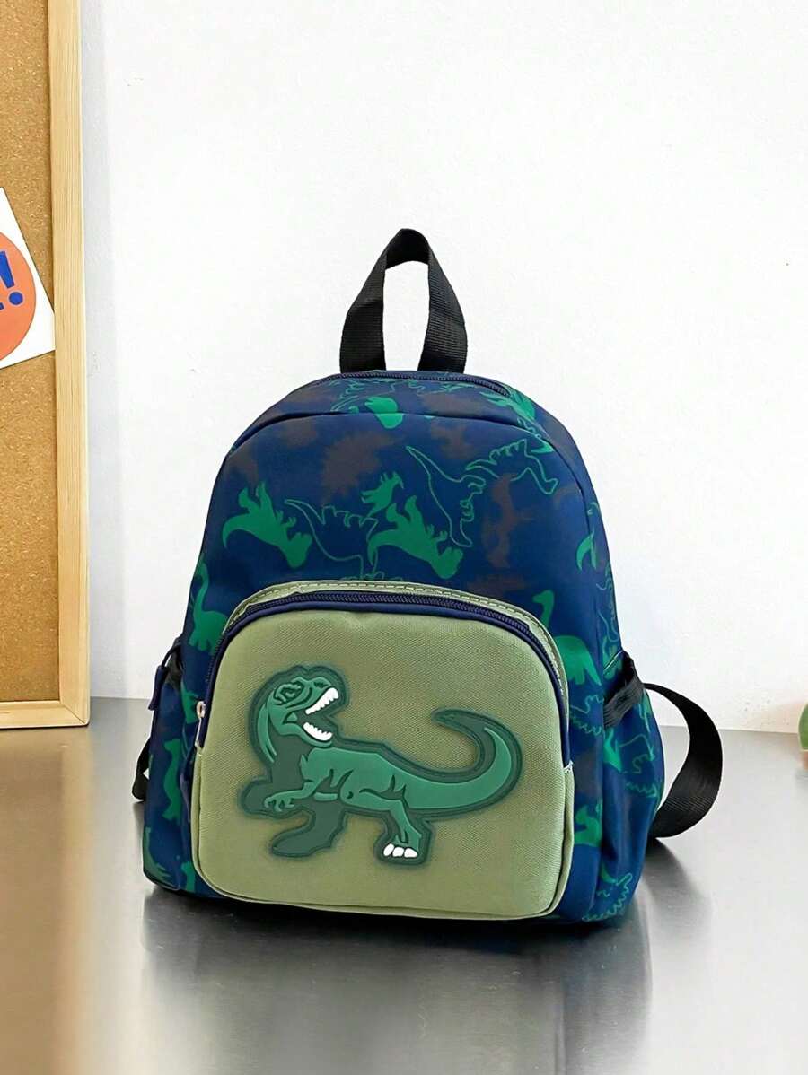 1pc Nylon Zipper Closure School Bag Cartoon Little Dinosaur Print Shoulder Bag Fashion Casual Backpack (Print Position Random) - Blue - View 1
