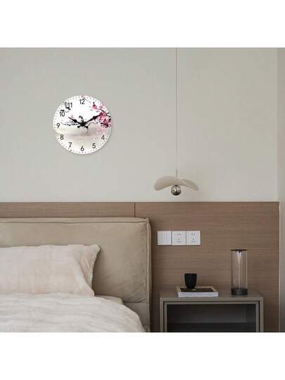 1pc Wood Water Sakura Flower Love Bird Silent Non Ticking Clock, Living Room, Bedroom, Home Valentines/ 10/12/14/16 Inch (Battery Not Included) view 4