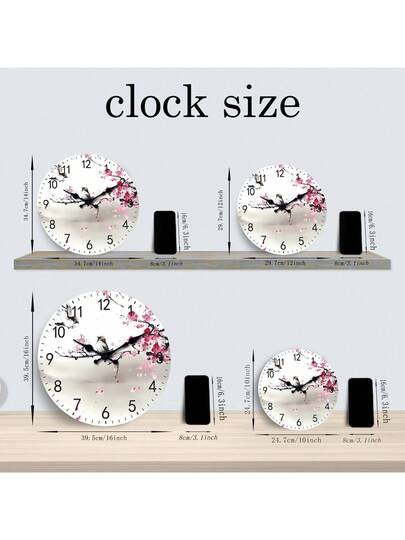 1pc Wood Water Sakura Flower Love Bird Silent Non Ticking Clock, Living Room, Bedroom, Home Valentines/ 10/12/14/16 Inch (Battery Not Included) view 3