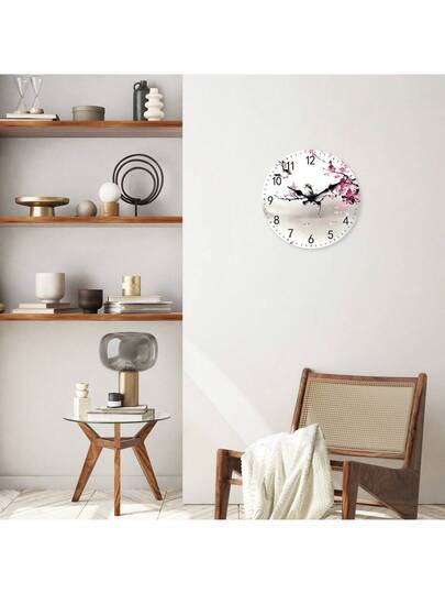 1pc Wood Water Sakura Flower Love Bird Silent Non Ticking Clock, Living Room, Bedroom, Home Valentines/ 10/12/14/16 Inch (Battery Not Included) view 2
