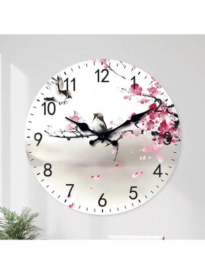 1pc Wood Water Sakura Flower Love Bird Silent Non Ticking Clock, Living Room, Bedroom, Home Valentines/ 10/12/14/16 Inch (Battery Not Included)