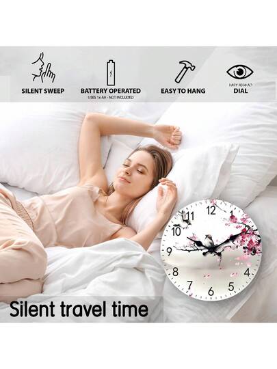 1pc Wood Water Sakura Flower Love Bird Silent Non Ticking Clock, Living Room, Bedroom, Home Valentines/ 10/12/14/16 Inch (Battery Not Included) view 8