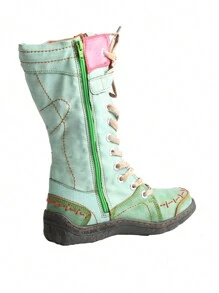 1 Pair Of Women's Padded Warm Winter Boots Non-Slip Wear Side Zipper PU And Leather Splicing Fashion Women's Boots - 綠色 - 查看 3
