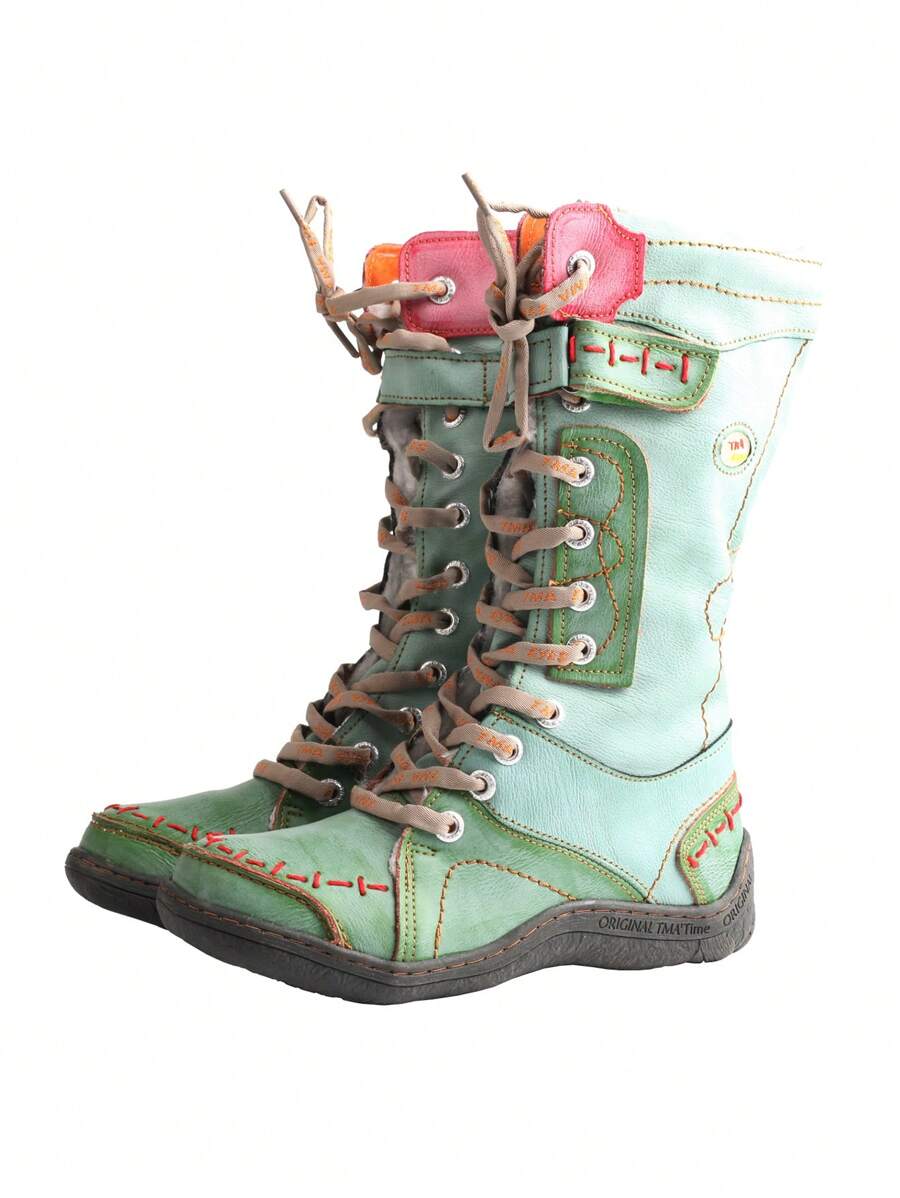 1 Pair Of Women's Padded Warm Winter Boots Non-Slip Wear Side Zipper PU And Leather Splicing Fashion Women's Boots - 綠色 - 查看 1