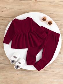 Baby Mädchen Gerippter Strick Langarm-Oberteil und Hose 2er-Set, lässig und bequem, für Frühling und Herbst