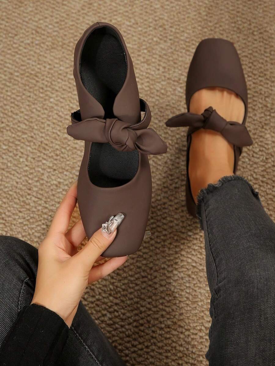 2025 Autumn New Spring/Summer Low-Cut Versatile Bow Accent Soft Leather Square Toe Flats Valentines,Ballet Flats - Coffee Brown - View 1