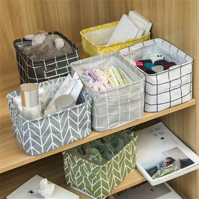 1/3/5pcs Printed Handle Storage Basket, Linen Fabric Desk Organizer Cosmetic Box