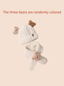 1/2 件毛绒婴儿帽子和围巾套装，超可爱卡通熊设计女孩新生儿，加厚防风，适合秋冬季 - 彩色 - 查看 24