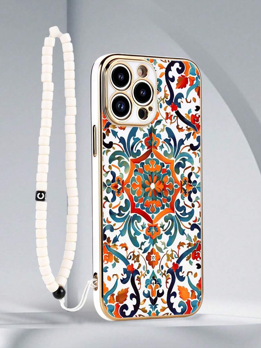 1个白色TPU电镀花卉印花防震手机壳和1条白色串珠挂绳，兼容苹果/配套手机壳/带挂绳手机壳/趣味手机壳/安卓手机壳/手机壳/手机壳/OPPO手机壳/兼容苹果16 Pro Max/17 Pro Max/Galaxy A56 4G/Galaxy A31 4G/Galaxy A23/Redmi Note 11 Pro 4G/Redmi Note 12 4G/OPPO A71/Galaxy A14/Galaxy A72