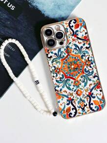 1个白色TPU电镀花卉印花防震手机壳和1条白色串珠挂绳，兼容苹果/配套手机壳/带挂绳手机壳/趣味手机壳/安卓手机壳/手机壳/手机壳/OPPO手机壳/兼容苹果16 Pro Max/17 Pro Max/Galaxy A56 4G/Galaxy A31 4G/Galaxy A23/Redmi Note 11 Pro 4G/Redmi Note 12 4G/OPPO A71/Galaxy A14/Galaxy A72
