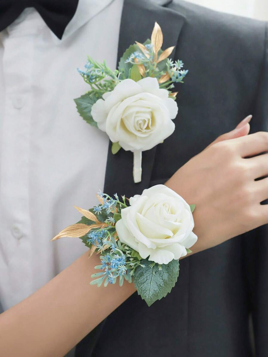 2 件套白色公主玫瑰和满天星花头饰和腕带，浪漫优雅，适合婚礼、舞会、周年纪念日情人节