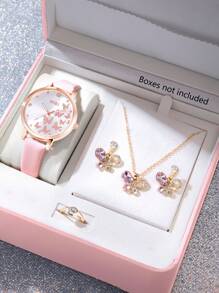 SOKI SOKI 5 Pieces Zirconium Oxide Blue Butterfly Necklace, Sparkling Cubic Zirconia Embedded Butterfly Pendant Necklace And Earrings, Ring, Simple Design Set And Fashion, Casual Butterfly Dial, Round Case, Pu Strap Quartz Women's Watch Suitable For Daily Wear, Back-To-School Season, Graduation Season, Thanksgiving, Couples, The Best Gifts Watch Box Not Included