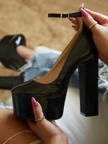 Zapatillas de recubierto punta cerrada, tacón alto, pulsera ajustable, zapatos de tacón alto con plataforma para mujer, tacón grueso, - Negro - Ver 1