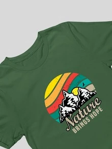 Men's Basic T-Shirt With Nature Brings Hope Print, 100% Cotton Fabric, Short Sleeve, Round Neck - 軍綠色 - 查看 3