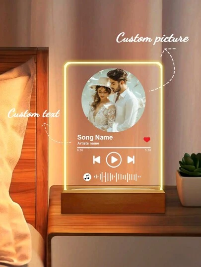 1pc Custom Music LED Night Light, Custom LED Music Plaque, Personalized Led Lamp With Picture And Wooden Base, Personalized Song Acrylic Plaque, Custom Picture Song Lamp, Music Photo Plaque Gift, Light Up Music Plaque, Valentines Gift, Couple Gift, First Wedding Anniversary Gift, Housewarming Gifts, Gift For Boyfriend/ Her/ Wife/ Husband Birthday Graduation