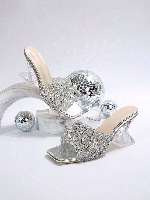 Women's Summer New Rhinestone Embellished High Heel Slippers, Silver Glitter Decorated Stilettos, Fashionable Asymmetric Crystal Heel Sandals, Suitable For Various Occasions And Outfits