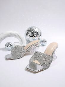 Women's Summer New Rhinestone Embellished High Heel Slippers, Silver Glitter Decorated Stilettos, Fashionable Asymmetric Crystal Heel Sandals, Suitable For Various Occasions And Outfits