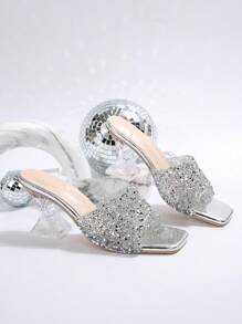 Women's Summer New Rhinestone Embellished High Heel Slippers, Silver Glitter Decorated Stilettos, Fashionable Asymmetric Crystal Heel Sandals, Suitable For Various Occasions And Outfits