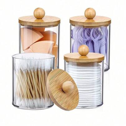 1 件带木盖的透明浴室罐、多功能棉签架和收纳盒，非常适合浴室储物、棉签、化妆棉等 - 完美的家居装饰圣诞礼物